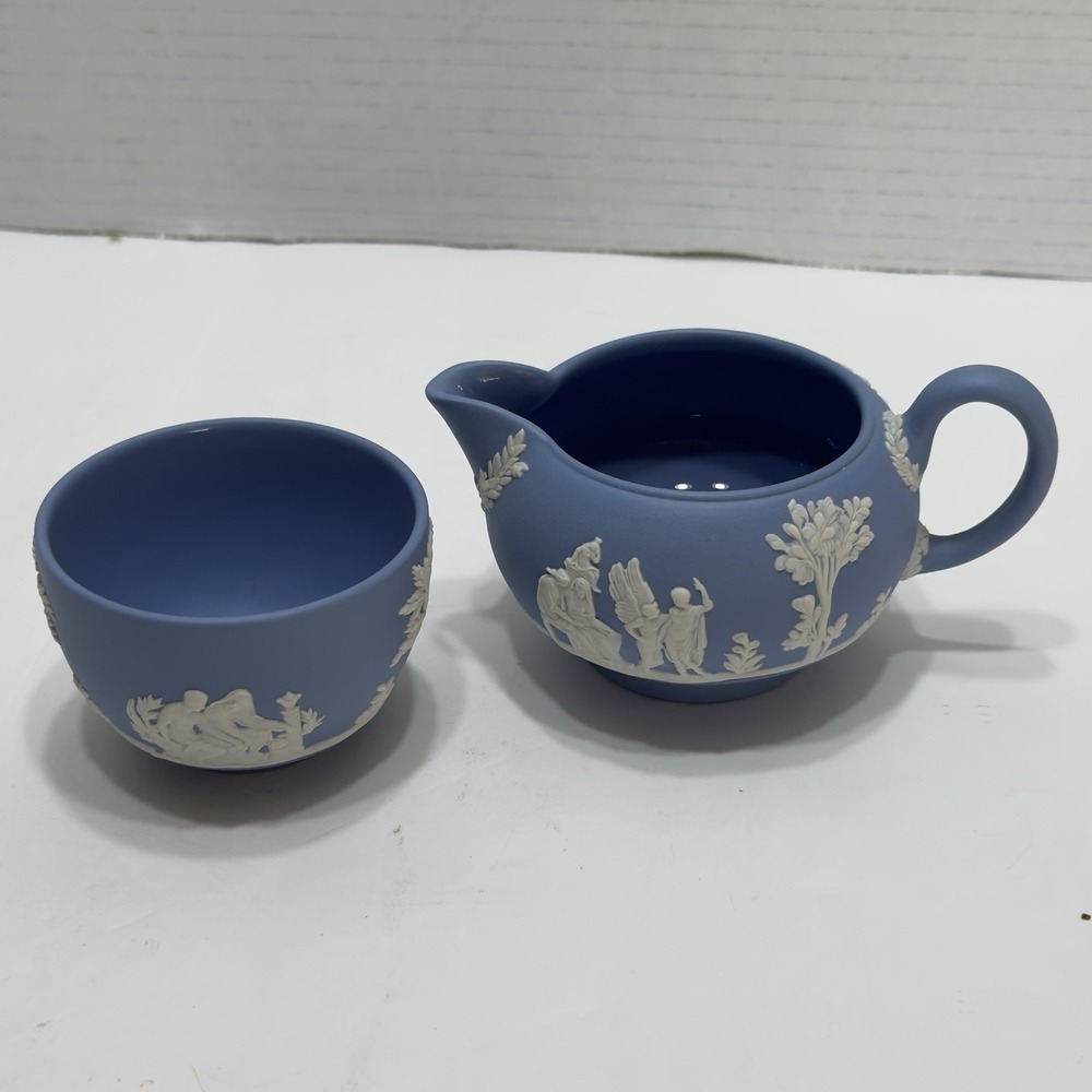 Wedgwood Jasperware Blue Set Open Sugar Bowl Creamer Neoclassical Greek Goddess